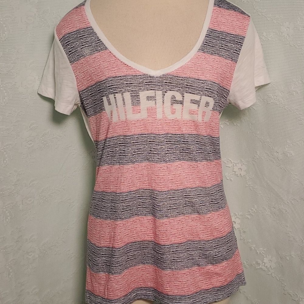 TOMMY HILFIGER, tee, women's v neck large.red, white and blue